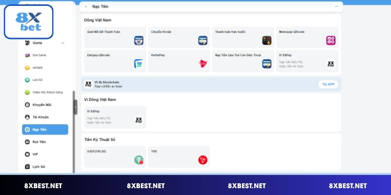 Các hình thức nạp tiền 8XBET phổ biến 2026