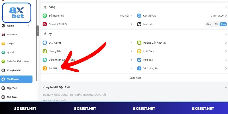 Truy cập nhà cái và chọn mục tải app 8XBET